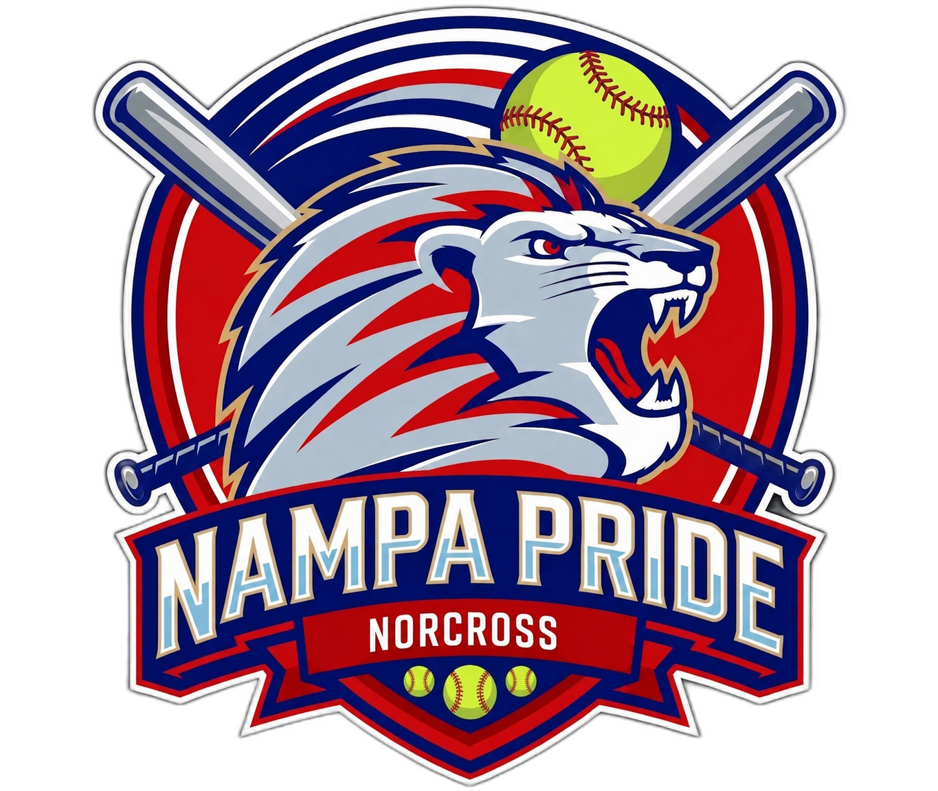 Nampa Pride Norcross 12U team crest — roaring lion with crossed bats and softball